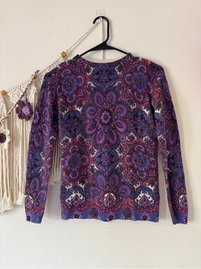 Talbots Purple Paisley Crewneck Sweater with Pink & Blue Accents